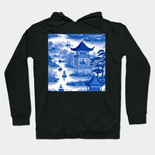 Blue and white chinoiserie with pagodas and boats Hoodie